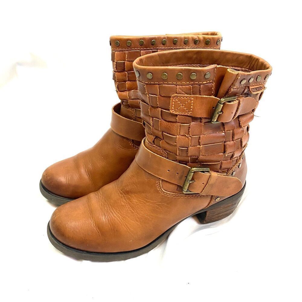 Pikolinos Le Mans Womens 37 Brown Woven Leather Ankle Boots Booties Buckle Studs